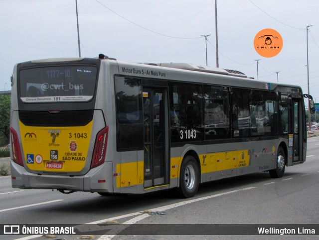 Viação Metrópole Paulista - Zona Leste 3 1043 na cidade de São Paulo, São Paulo, Brasil, por Wellington Lima. Número da foto: #12696999.
