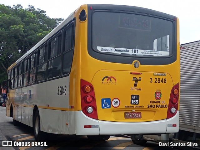 Viação Metrópole Paulista - Zona Leste 3 2848 na cidade de São Paulo, São Paulo, Brasil, por Davi Santos Silva. Número da foto: #12750068.