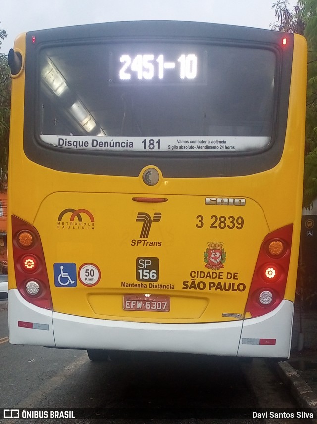Viação Metrópole Paulista - Zona Leste 3 2839 na cidade de São Paulo, São Paulo, Brasil, por Davi Santos Silva. Número da foto: #12760579.