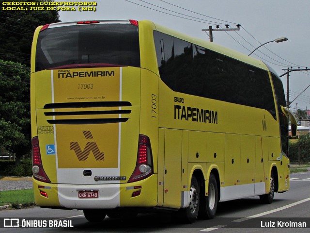 Viação Itapemirim 17003 na cidade de Juiz de Fora, Minas Gerais, Brasil, por Luiz Krolman. Número da foto: #12921687.