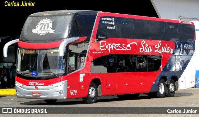 Expresso São Luiz 7670 na cidade de Goiânia, Goiás, Brasil, por Carlos Júnior. Número da foto: #13240193.